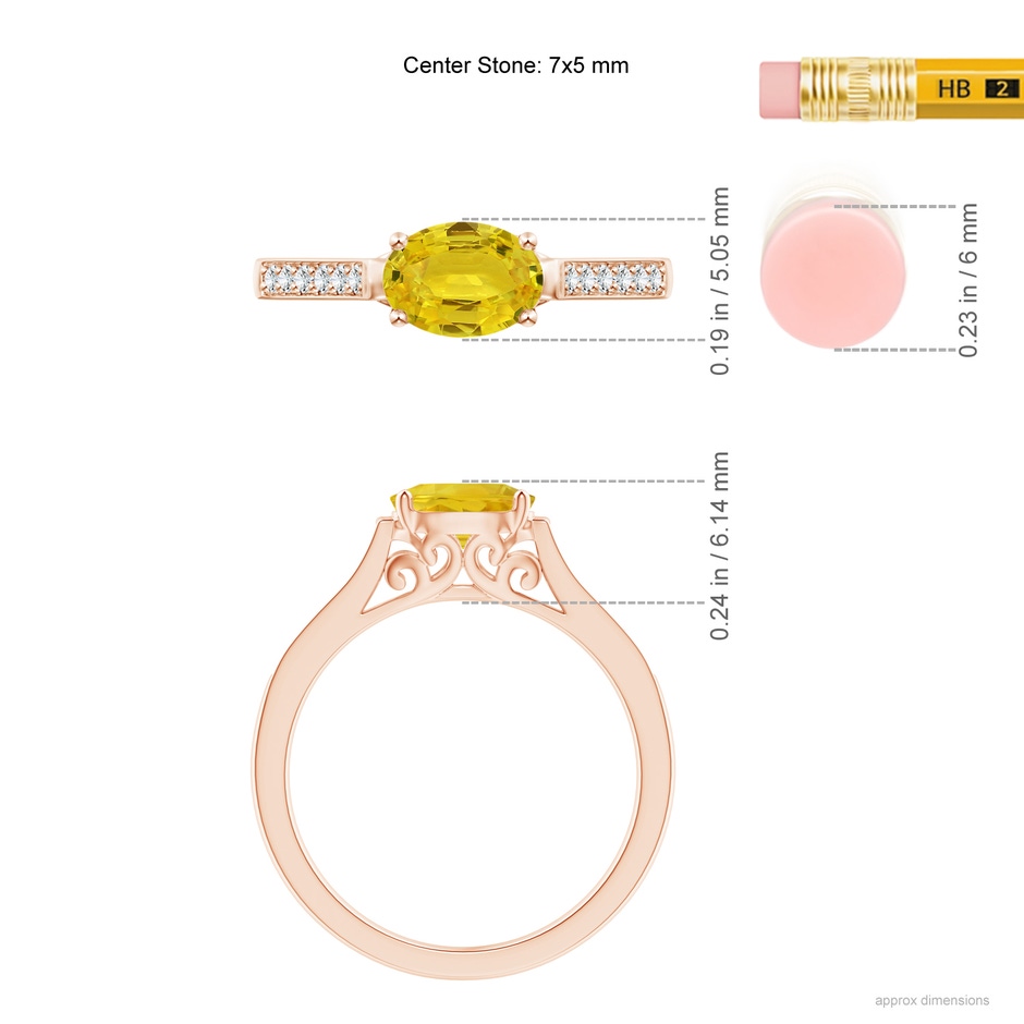 7x5mm AAA East West Oval Yellow Sapphire Solitaire Ring with Diamonds in Rose Gold ruler