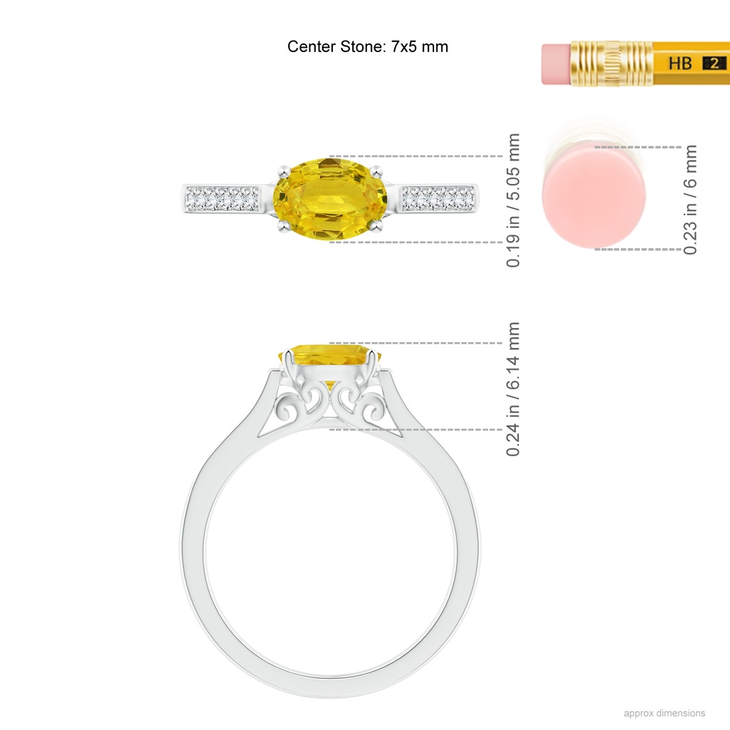 7x5mm AAA East West Oval Yellow Sapphire Solitaire Ring with Diamonds in White Gold Ruler
