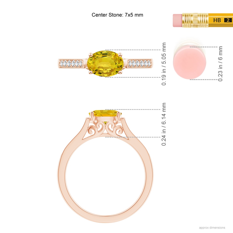 7x5mm AAAA East West Oval Yellow Sapphire Solitaire Ring with Diamonds in Rose Gold ruler