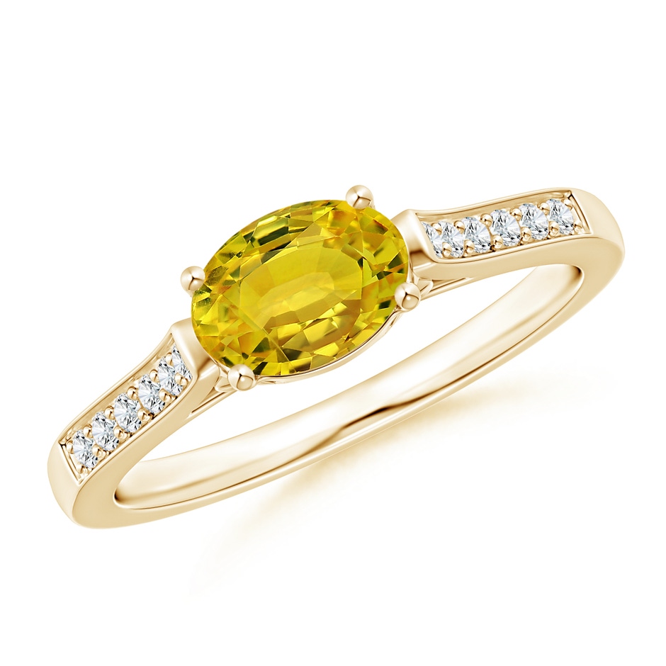 7x5mm AAAA East West Oval Yellow Sapphire Solitaire Ring with Diamonds in Yellow Gold 