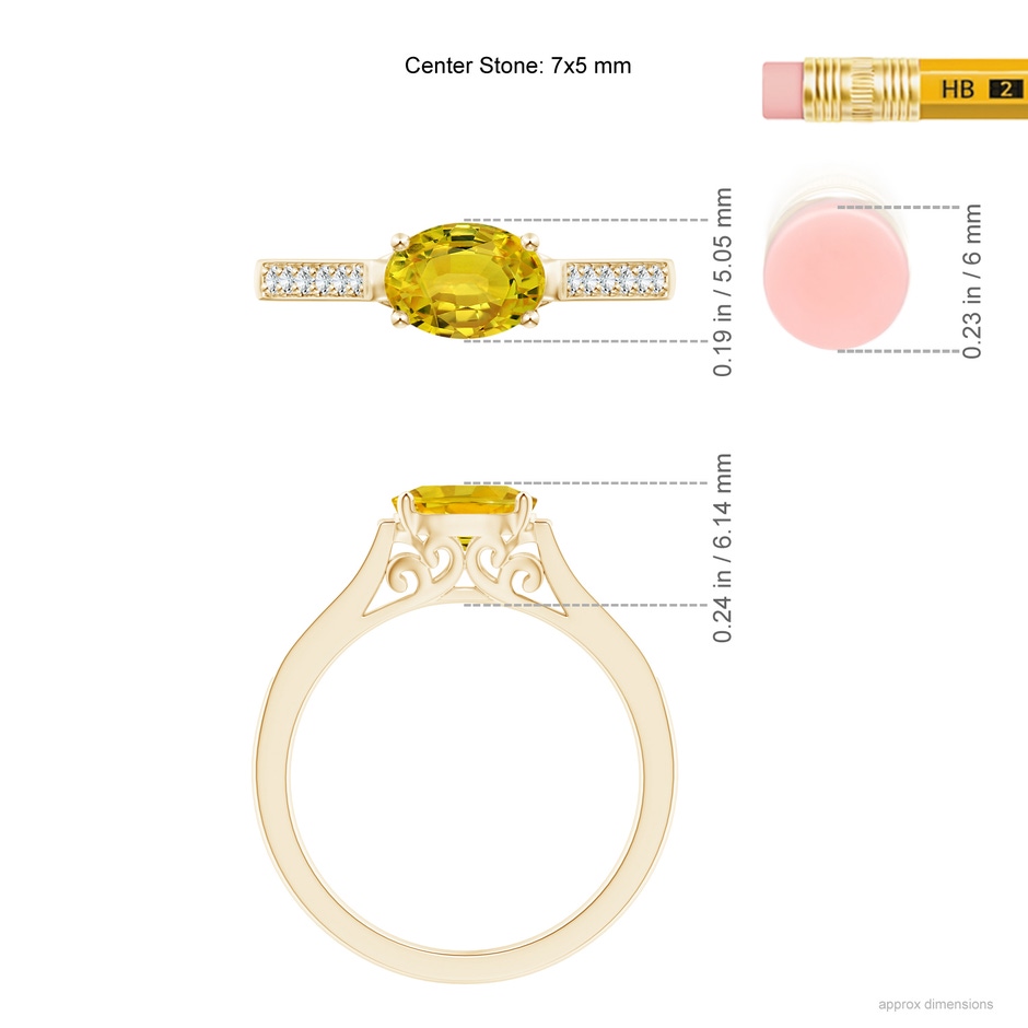7x5mm AAAA East West Oval Yellow Sapphire Solitaire Ring with Diamonds in Yellow Gold ruler