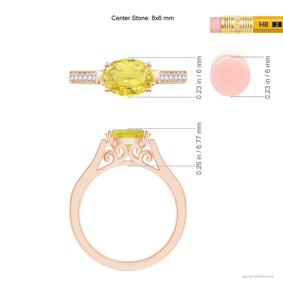 8x6mm A East West Oval Yellow Sapphire Solitaire Ring with Diamonds in Rose Gold ruler