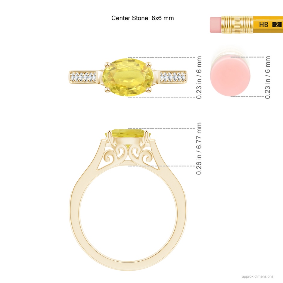8x6mm A East West Oval Yellow Sapphire Solitaire Ring with Diamonds in Yellow Gold ruler