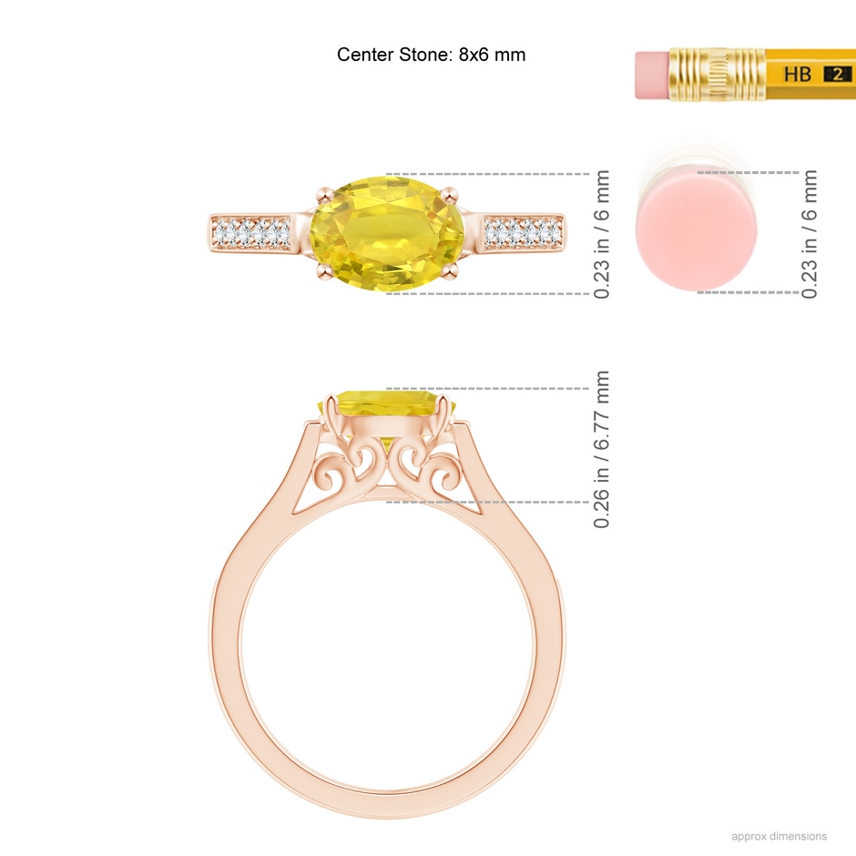 8x6mm AA East West Oval Yellow Sapphire Solitaire Ring with Diamonds in Rose Gold ruler