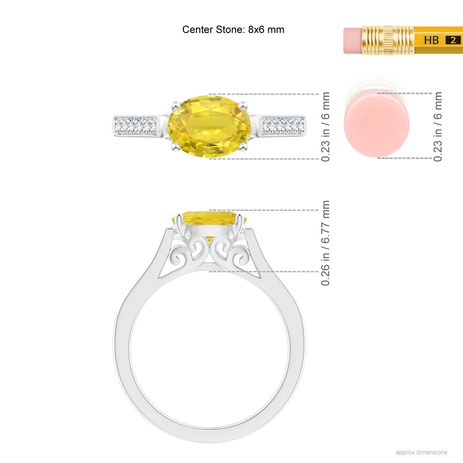 8x6mm AA East West Oval Yellow Sapphire Solitaire Ring with Diamonds in White Gold ruler