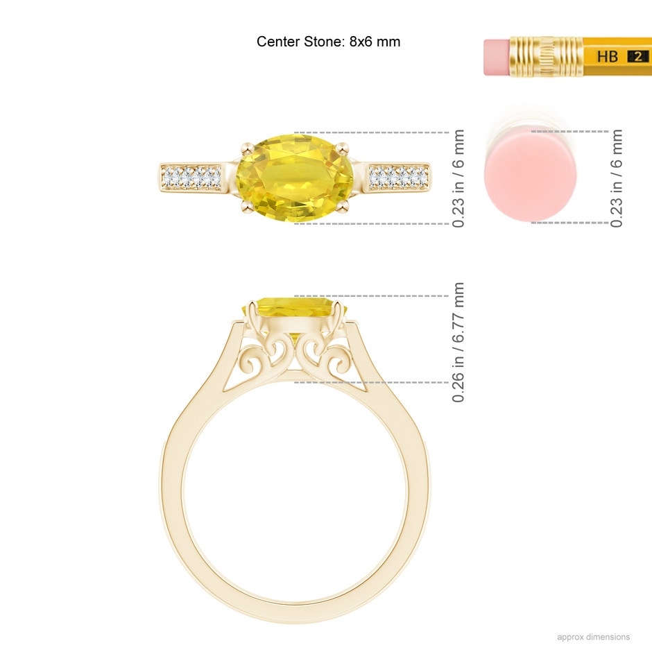 8x6mm AA East West Oval Yellow Sapphire Solitaire Ring with Diamonds in Yellow Gold ruler
