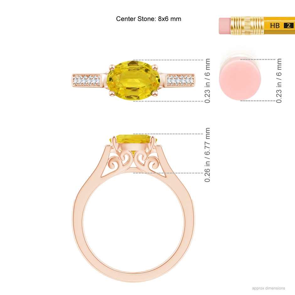 8x6mm AAA East West Oval Yellow Sapphire Solitaire Ring with Diamonds in Rose Gold ruler