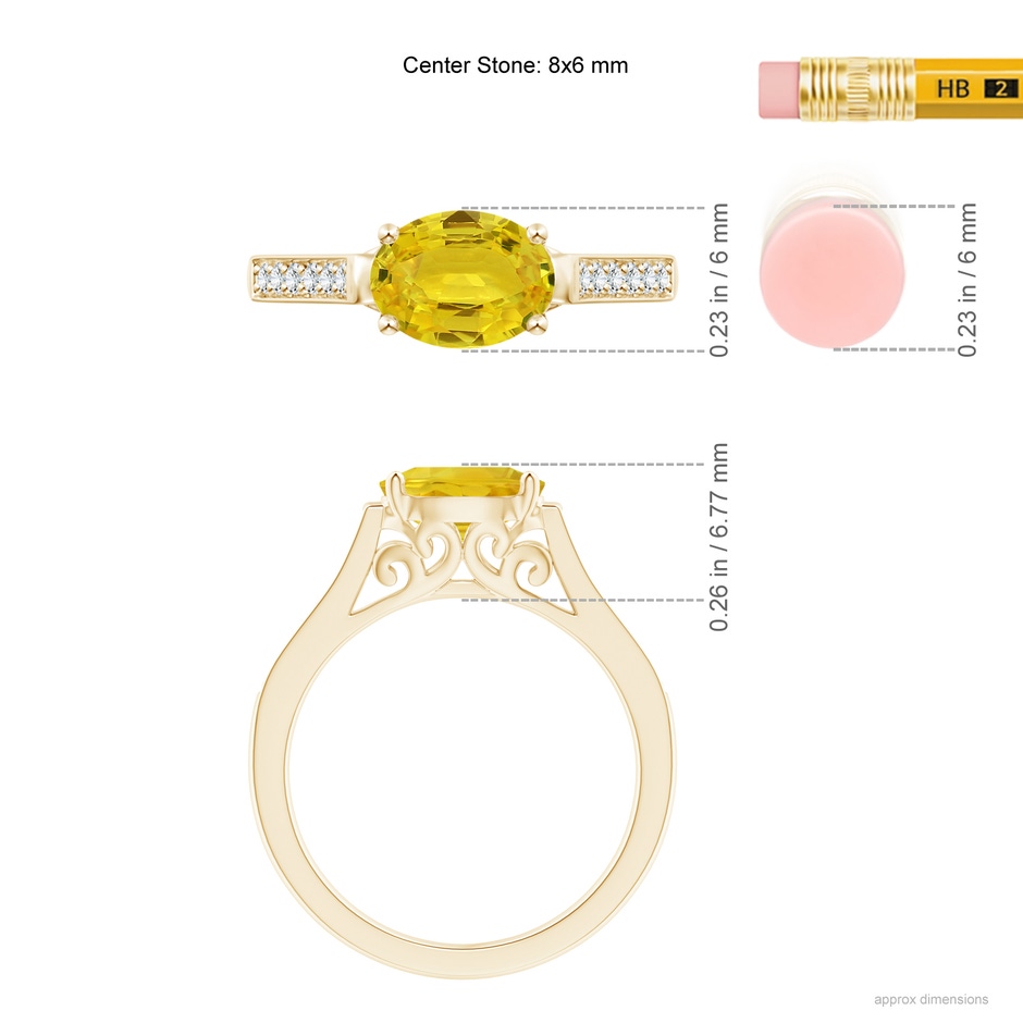 8x6mm AAA East West Oval Yellow Sapphire Solitaire Ring with Diamonds in Yellow Gold ruler