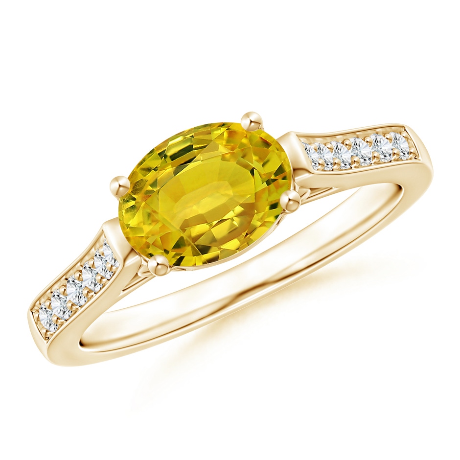 8x6mm AAAA East West Oval Yellow Sapphire Solitaire Ring with Diamonds in Yellow Gold 