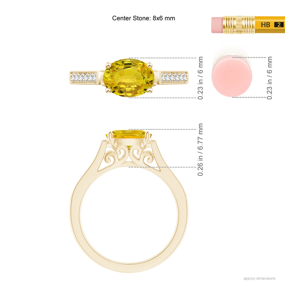 8x6mm AAAA East West Oval Yellow Sapphire Solitaire Ring with Diamonds in Yellow Gold ruler