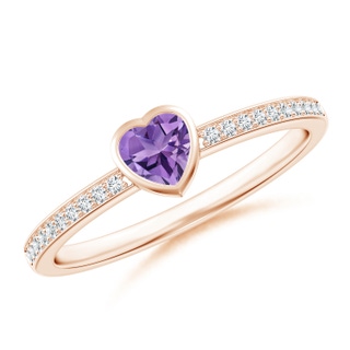 4mm AA Bezel Heart Amethyst Promise Ring with Diamond Accents in 9K Rose Gold