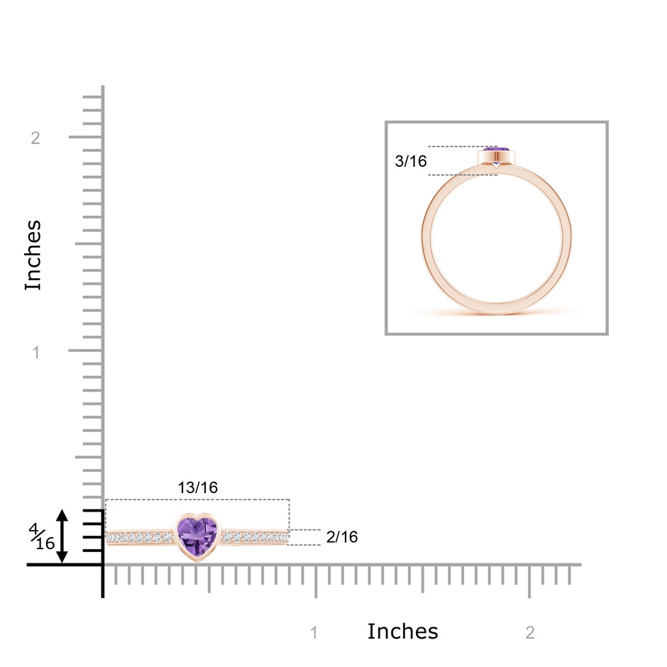4mm AA Bezel Heart Amethyst Promise Ring with Diamond Accents in 9K Rose Gold ruler