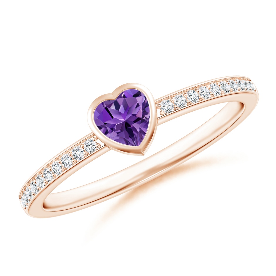 4mm AAAA Bezel Heart Amethyst Promise Ring with Diamond Accents in Rose Gold 