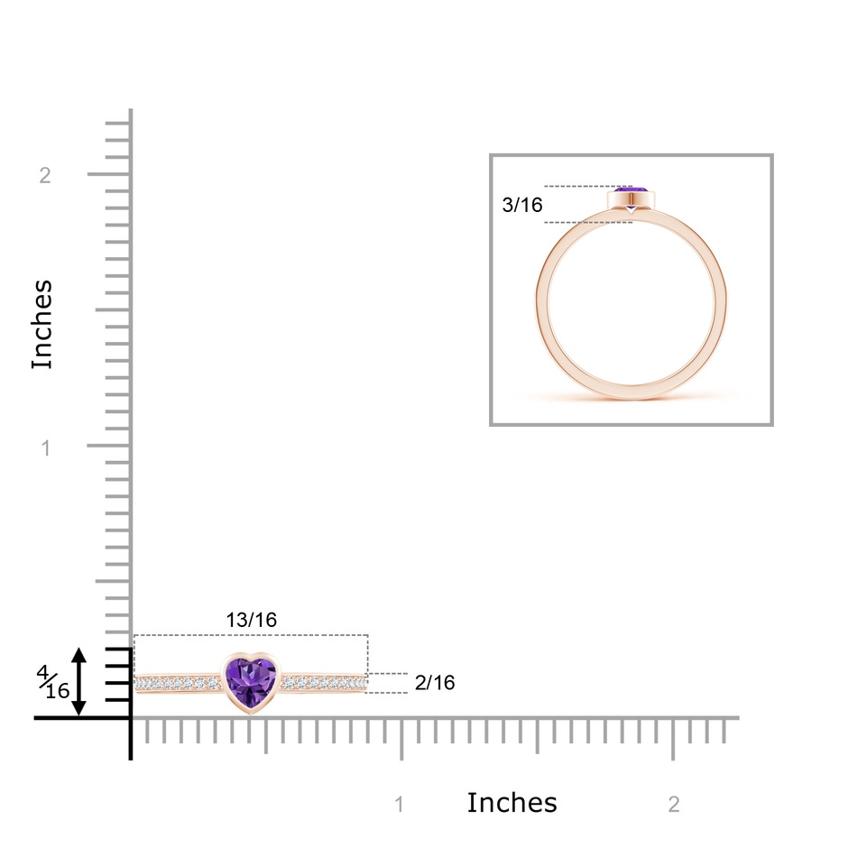4mm AAAA Bezel Heart Amethyst Promise Ring with Diamond Accents in Rose Gold ruler