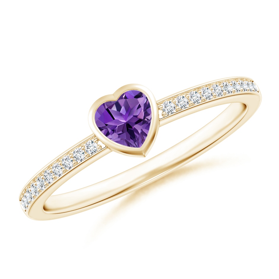 4mm AAAA Bezel Heart Amethyst Promise Ring with Diamond Accents in Yellow Gold 