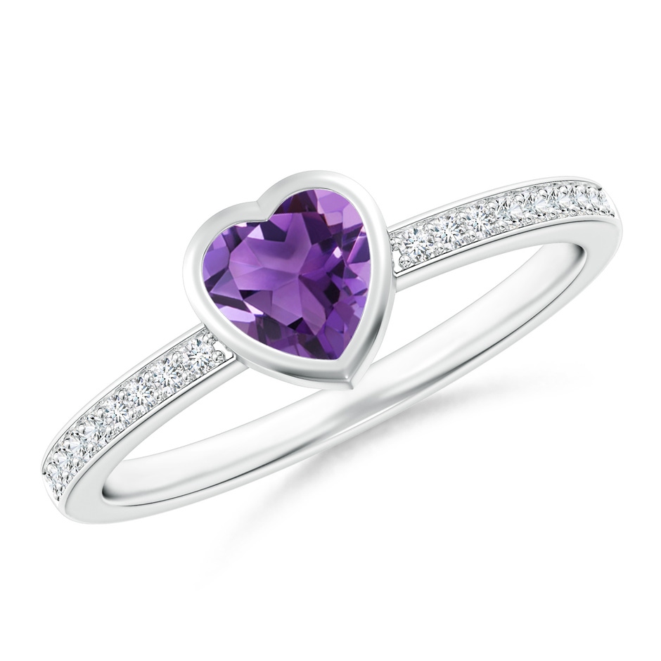 5mm AAA Bezel Heart Amethyst Promise Ring with Diamond Accents in White Gold 