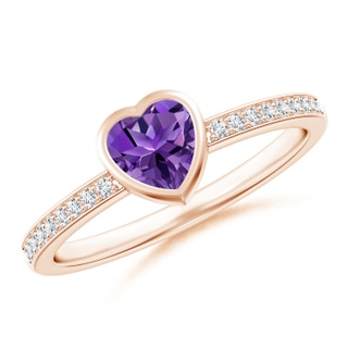 5mm AAAA Bezel Heart Amethyst Promise Ring with Diamond Accents in Rose Gold