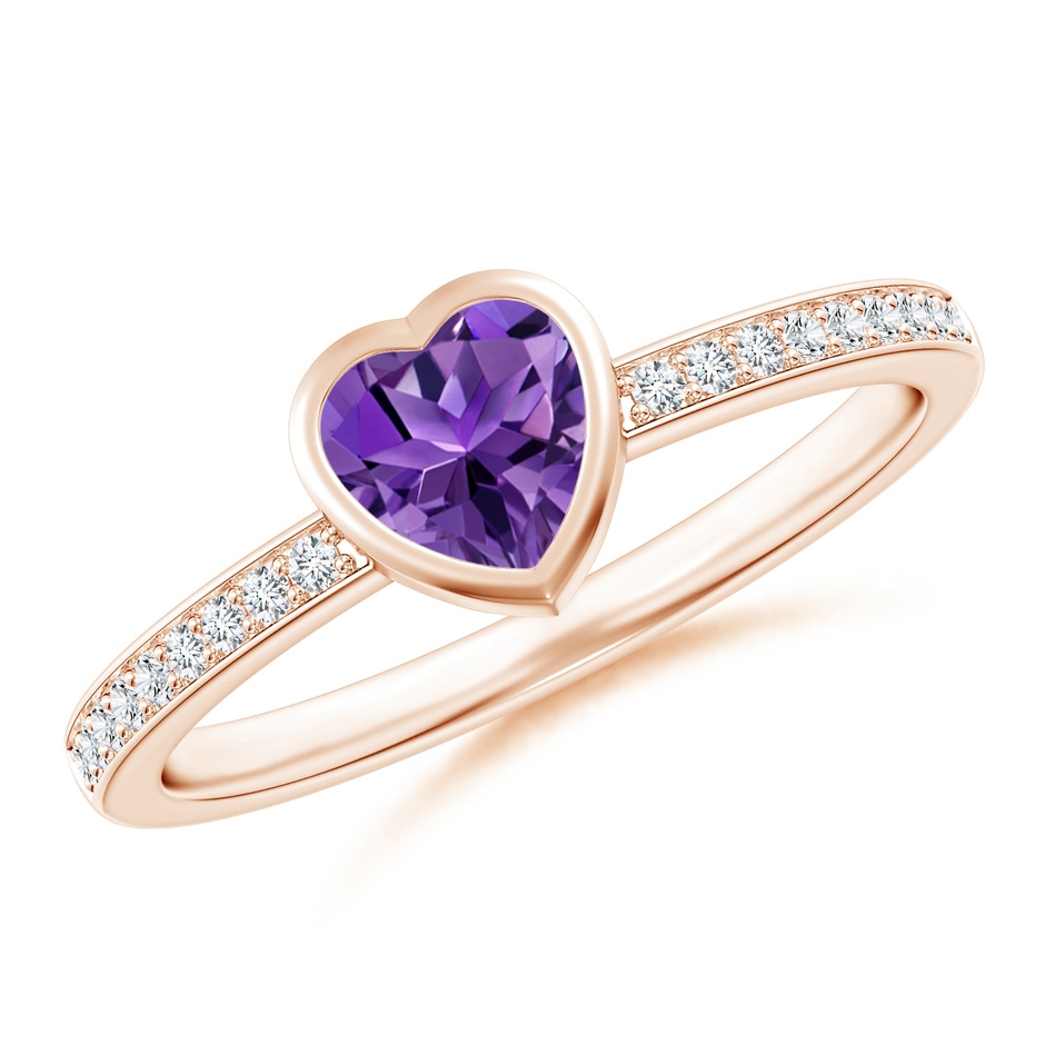 5mm AAAA Bezel Heart Amethyst Promise Ring with Diamond Accents in Rose Gold 