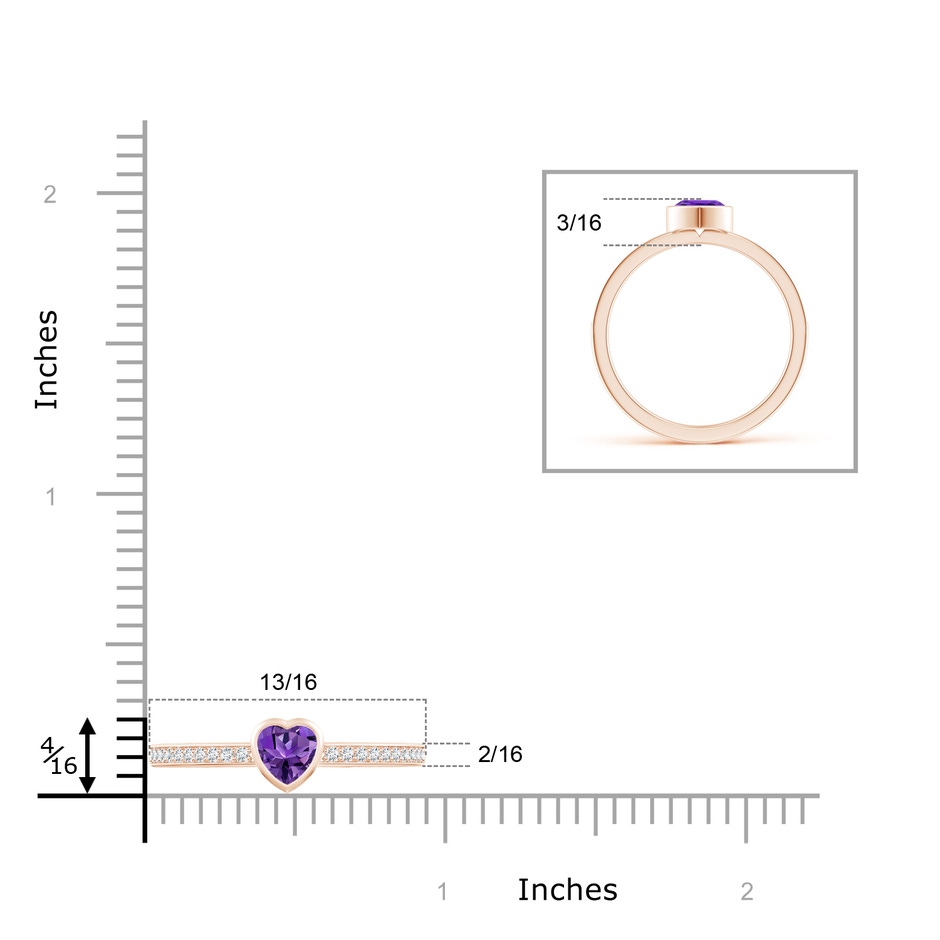 5mm AAAA Bezel Heart Amethyst Promise Ring with Diamond Accents in Rose Gold ruler