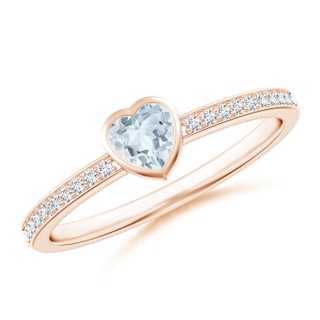 4mm A Bezel Heart Aquamarine Promise Ring with Diamond Accents in Rose Gold