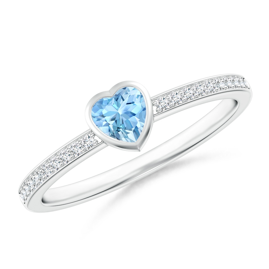 4mm AAAA Bezel Heart Aquamarine Promise Ring with Diamond Accents in P950 Platinum