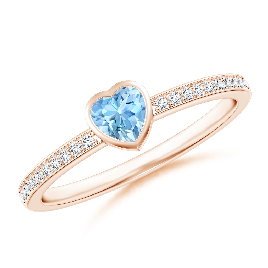 4mm AAAA Bezel Heart Aquamarine Promise Ring with Diamond Accents in Rose Gold