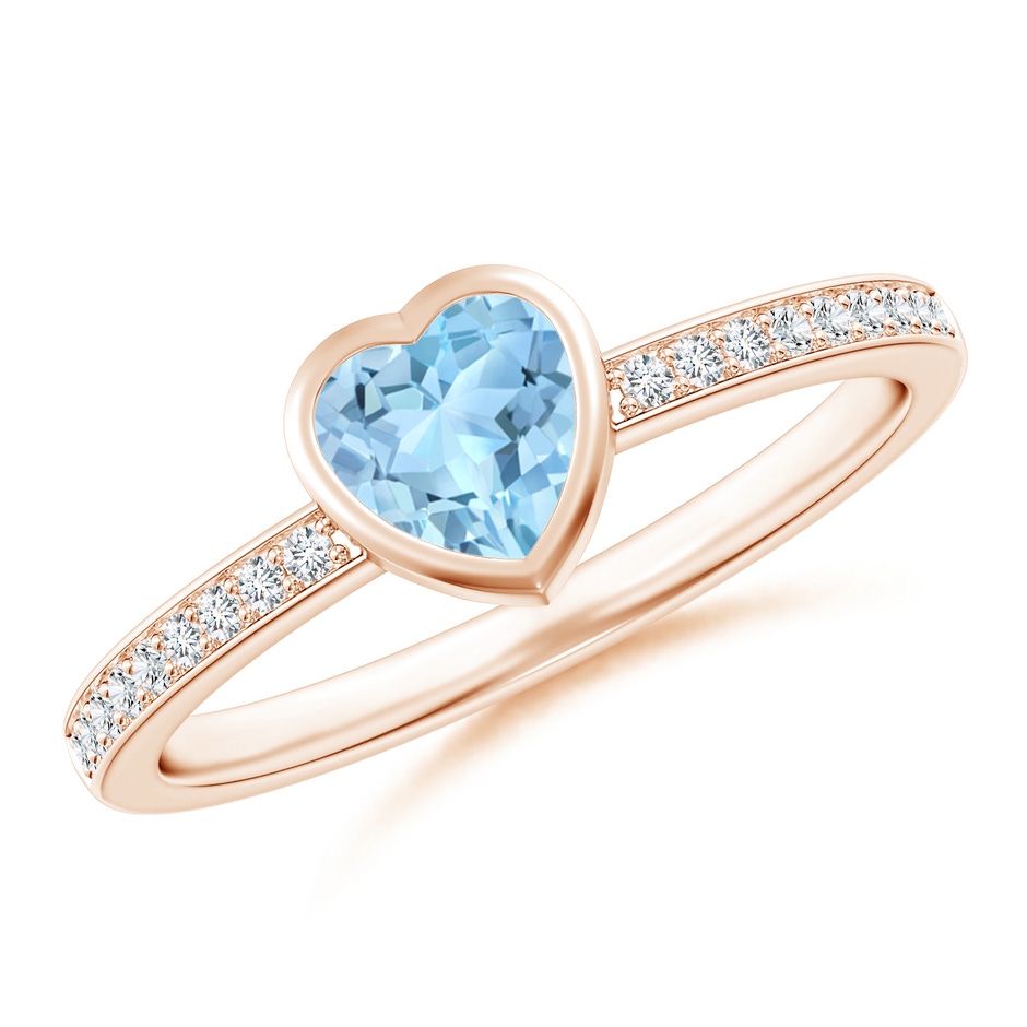 5mm AAA Bezel Heart Aquamarine Promise Ring with Diamond Accents in Rose Gold 