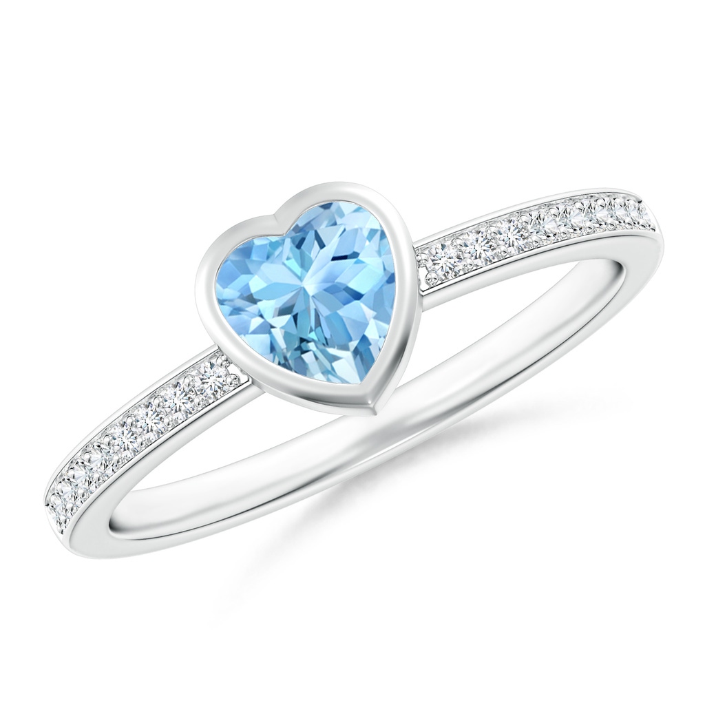 5mm AAAA Bezel Heart Aquamarine Promise Ring with Diamond Accents in White Gold