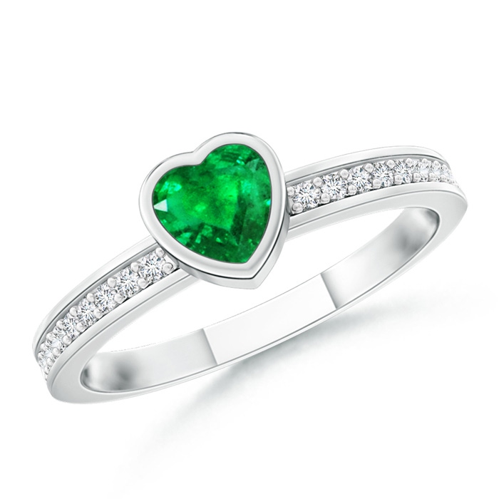 4mm AAA Bezel Heart Emerald Promise Ring with Diamond Accents in White Gold