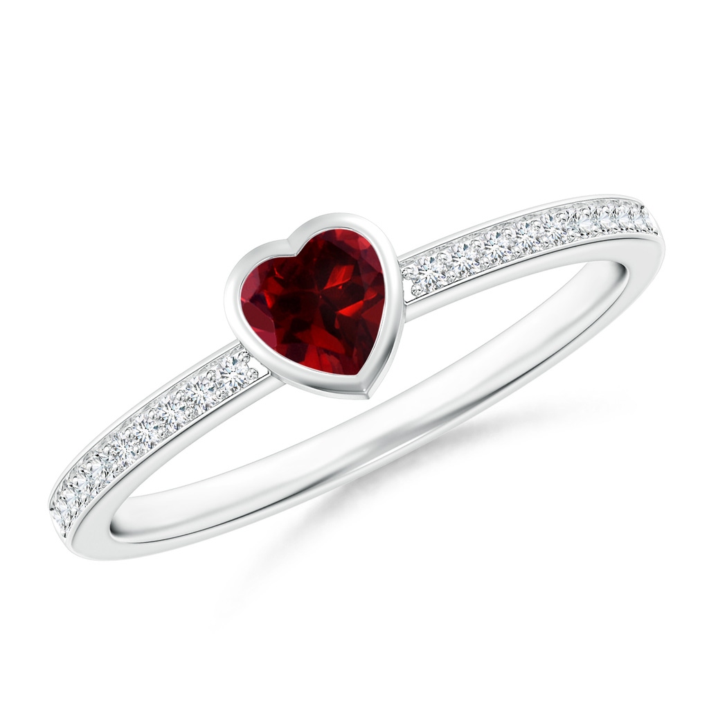 4mm AAAA Bezel Heart Garnet Promise Ring with Diamond Accents in P950 Platinum