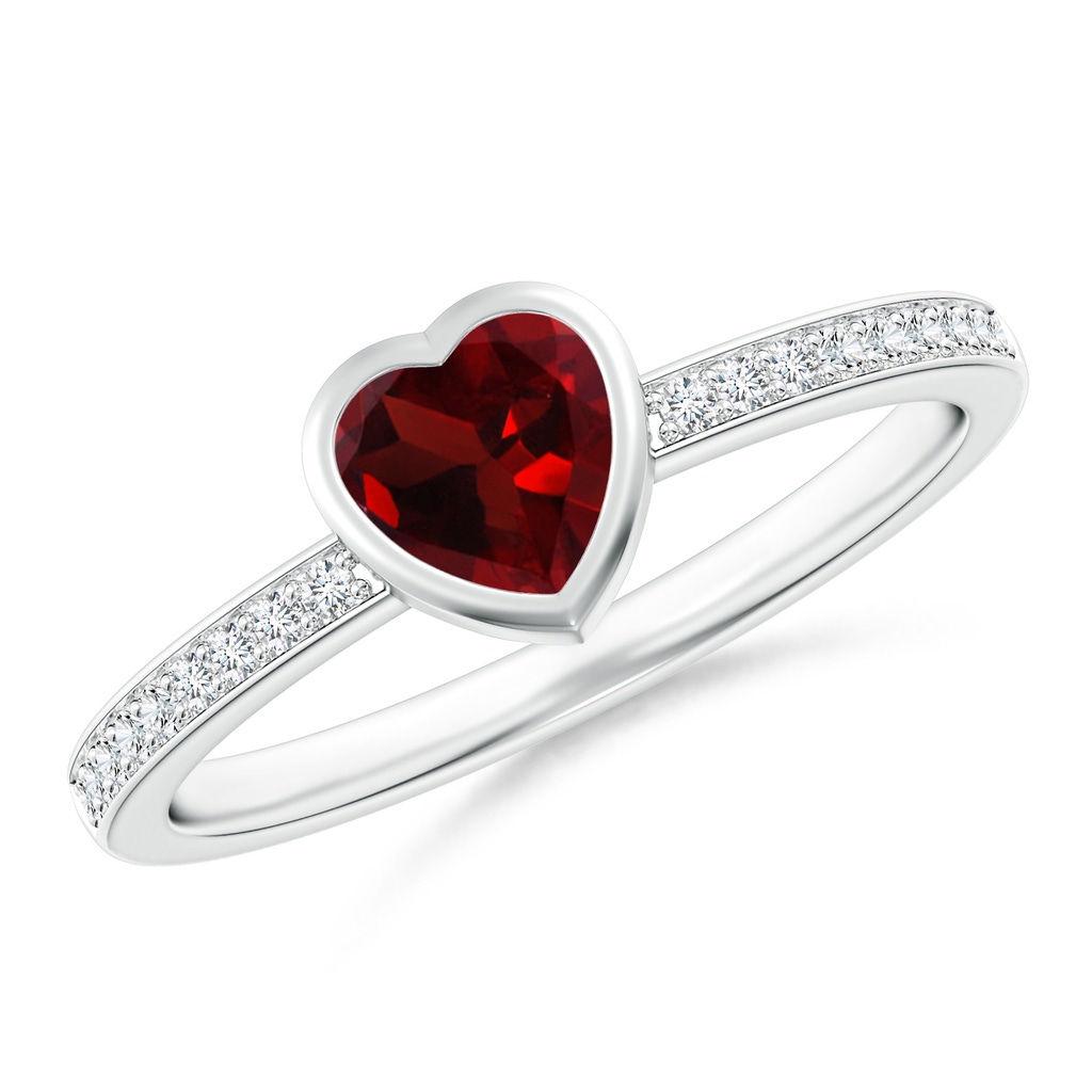 5mm AAA Bezel Heart Garnet Promise Ring with Diamond Accents in White Gold