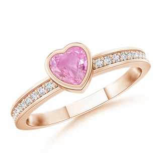 4mm A Bezel Heart Pink Sapphire Promise Ring with Diamond Accents in Rose Gold