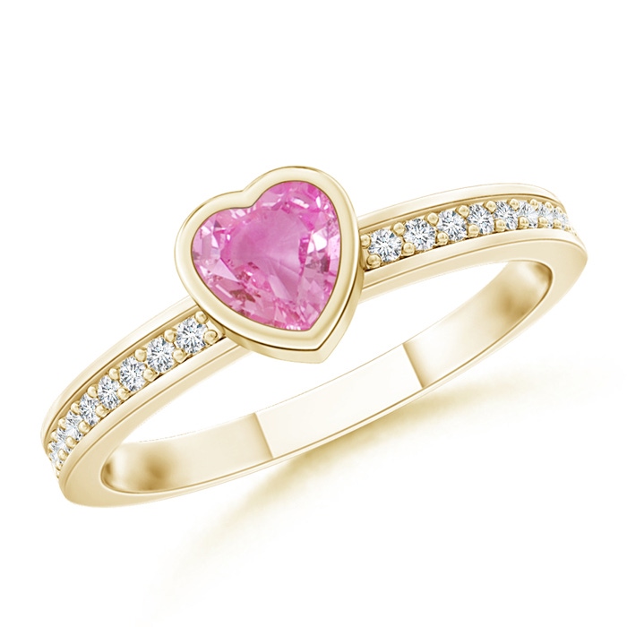 4mm AA Bezel Heart Pink Sapphire Promise Ring with Diamond Accents in Yellow Gold 