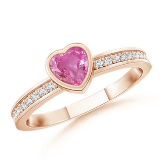 4mm AAA Bezel Heart Pink Sapphire Promise Ring with Diamond Accents in 10K Rose Gold