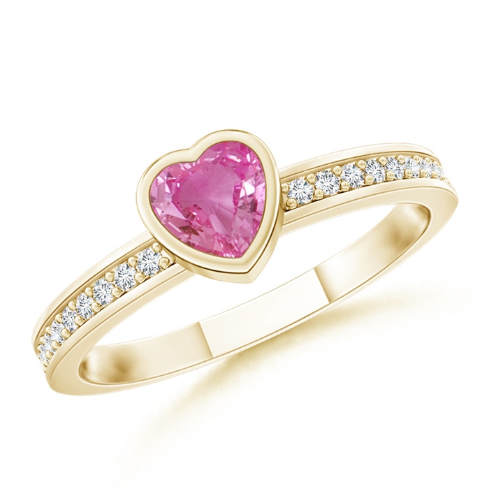 4mm AAA Bezel Heart Pink Sapphire Promise Ring with Diamond Accents in Yellow Gold 