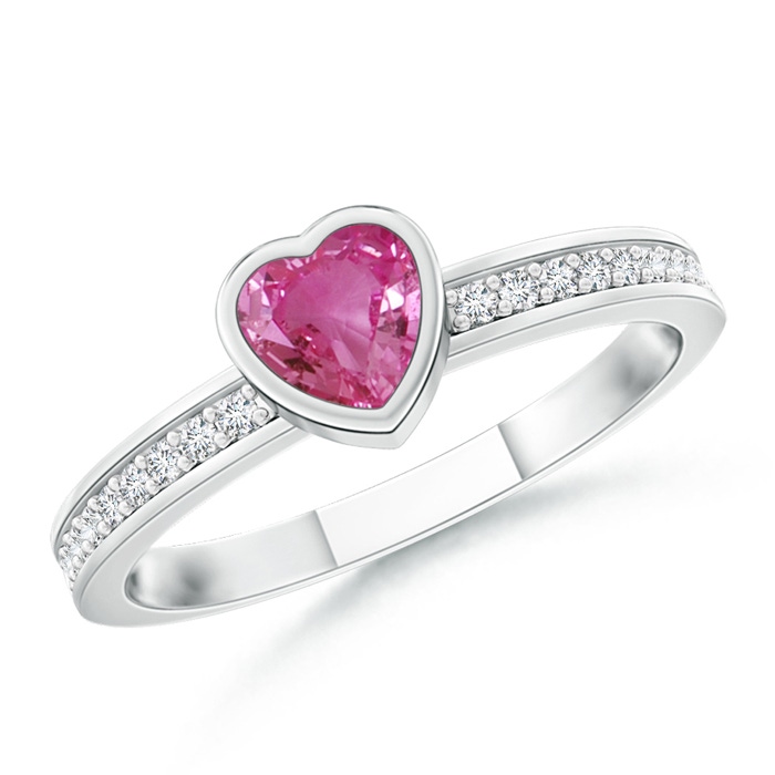 4mm AAAA Bezel Heart Pink Sapphire Promise Ring with Diamond Accents in P950 Platinum