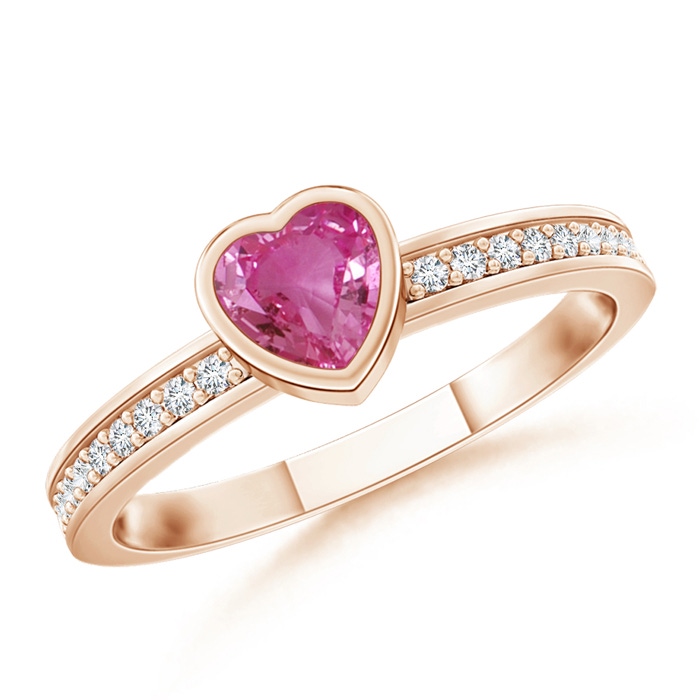 4mm AAAA Bezel Heart Pink Sapphire Promise Ring with Diamond Accents in Rose Gold