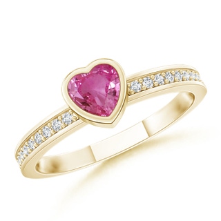 4mm AAAA Bezel Heart Pink Sapphire Promise Ring with Diamond Accents in Yellow Gold