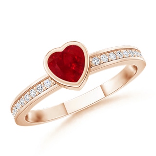 4mm AAA Bezel Heart Ruby Promise Ring with Diamond Accents in 9K Rose Gold