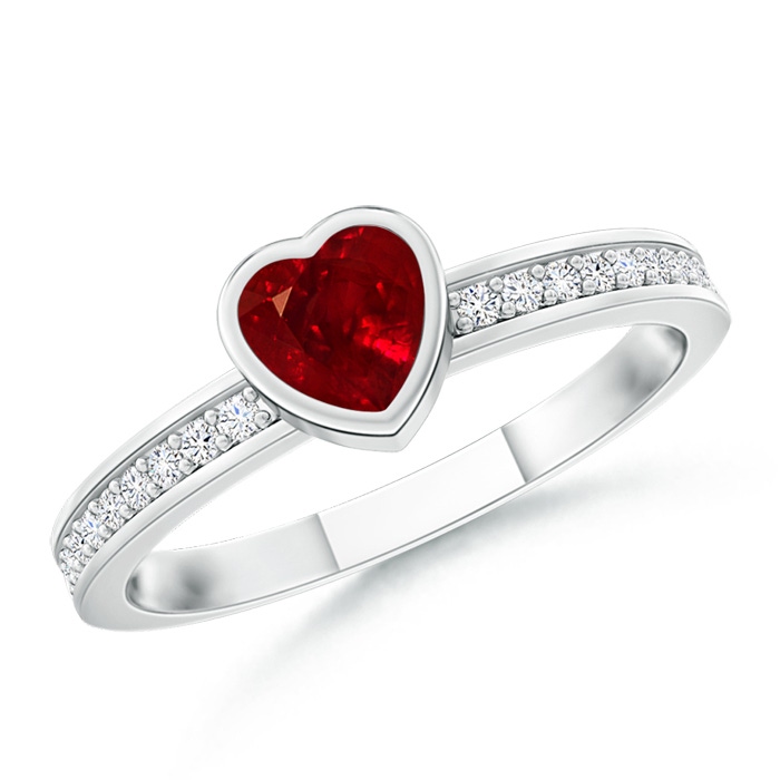 4mm AAAA Bezel Heart Ruby Promise Ring with Diamond Accents in P950 Platinum