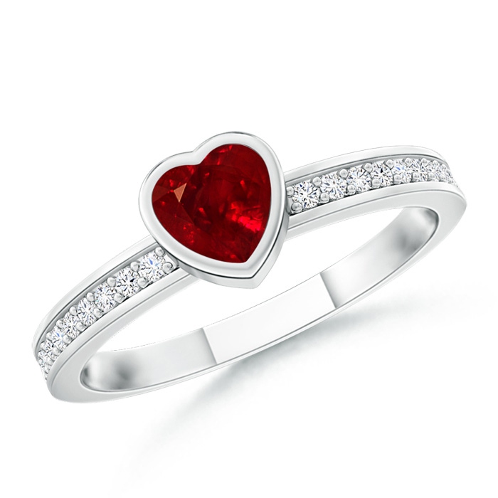 4mm AAAA Bezel Heart Ruby Promise Ring with Diamond Accents in P950 Platinum 