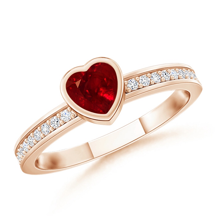 4mm AAAA Bezel Heart Ruby Promise Ring with Diamond Accents in Rose Gold
