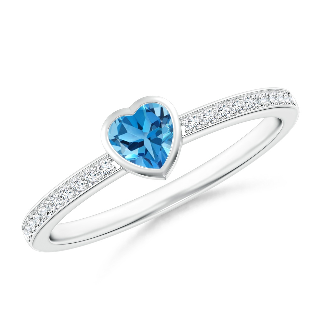 4mm AAA Bezel Set Heart Swiss Blue Topaz Promise Ring with Diamonds in White Gold