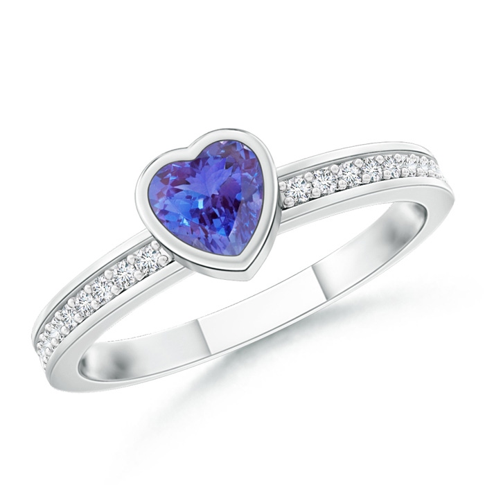 4mm AAA Bezel Heart Tanzanite Promise Ring with Diamond Accents in White Gold