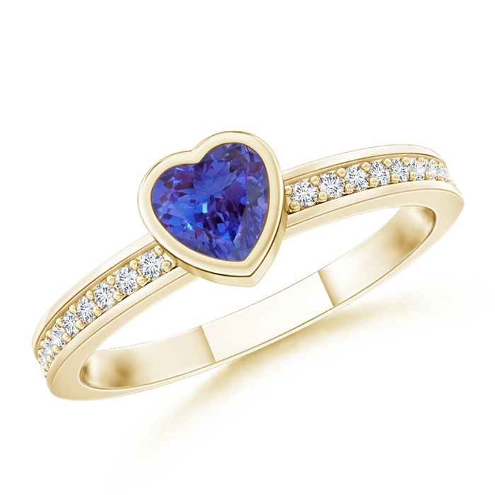 4mm AAAA Bezel Heart Tanzanite Promise Ring with Diamond Accents in Yellow Gold 