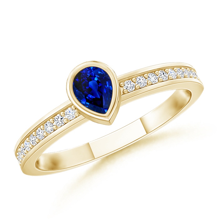 4x3mm AAAA Bezel Pear Sapphire Stackable Ring with Diamond Accents in Yellow Gold 