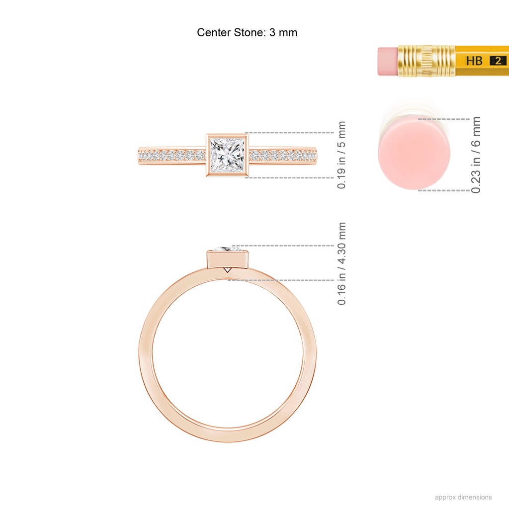 3mm HSI2 Bezel-Set Princess Diamond Stackable Promise Ring in Rose Gold Ruler