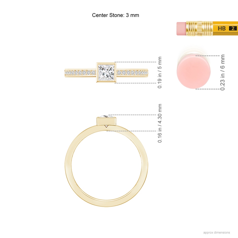 3mm HSI2 Bezel-Set Princess Diamond Stackable Promise Ring in Yellow Gold ruler