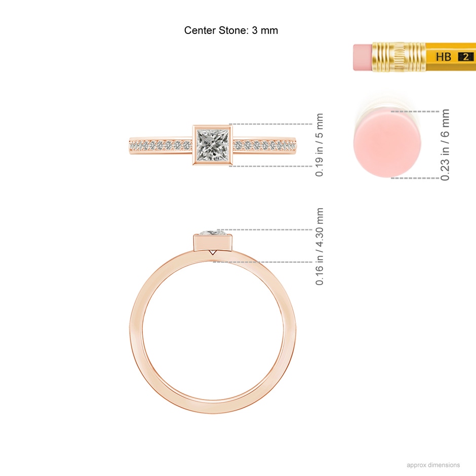 3mm KI3 Bezel-Set Princess Diamond Stackable Promise Ring in Rose Gold ruler