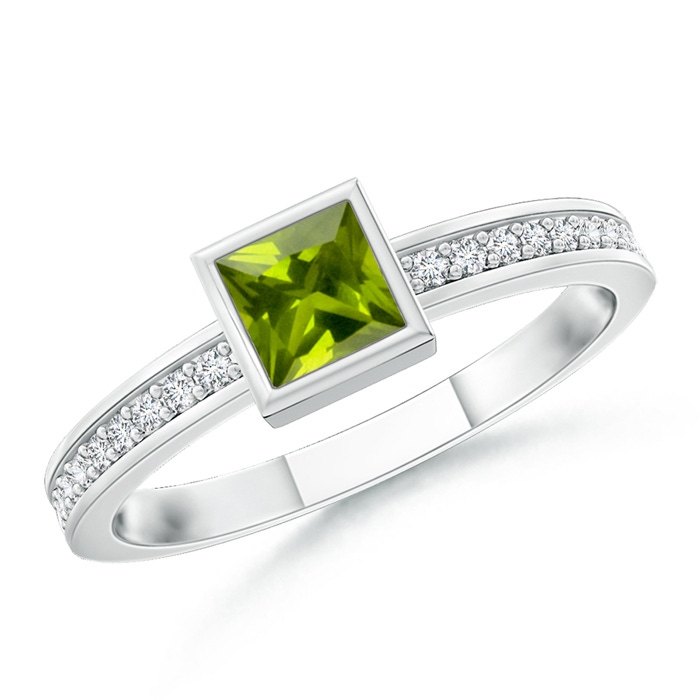 3mm AAA Bezel-Set Square Peridot Stackable Promise Ring in White Gold